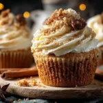 Chai latte cupcakes with caramel brulee frosting displayed on a plate.