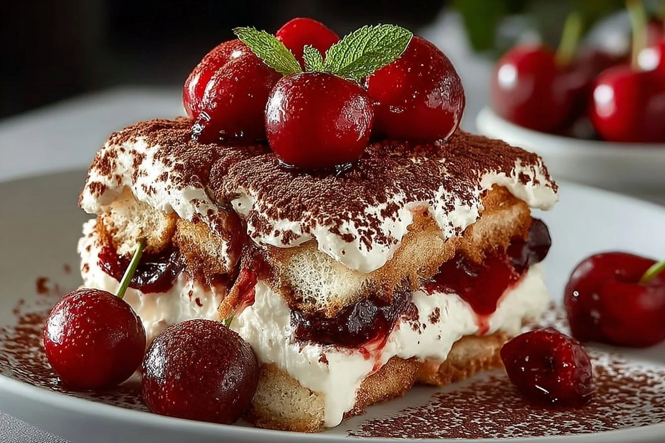 Delicious Cherry Amaretto Tiramisu dessert with cherries and cream layers.