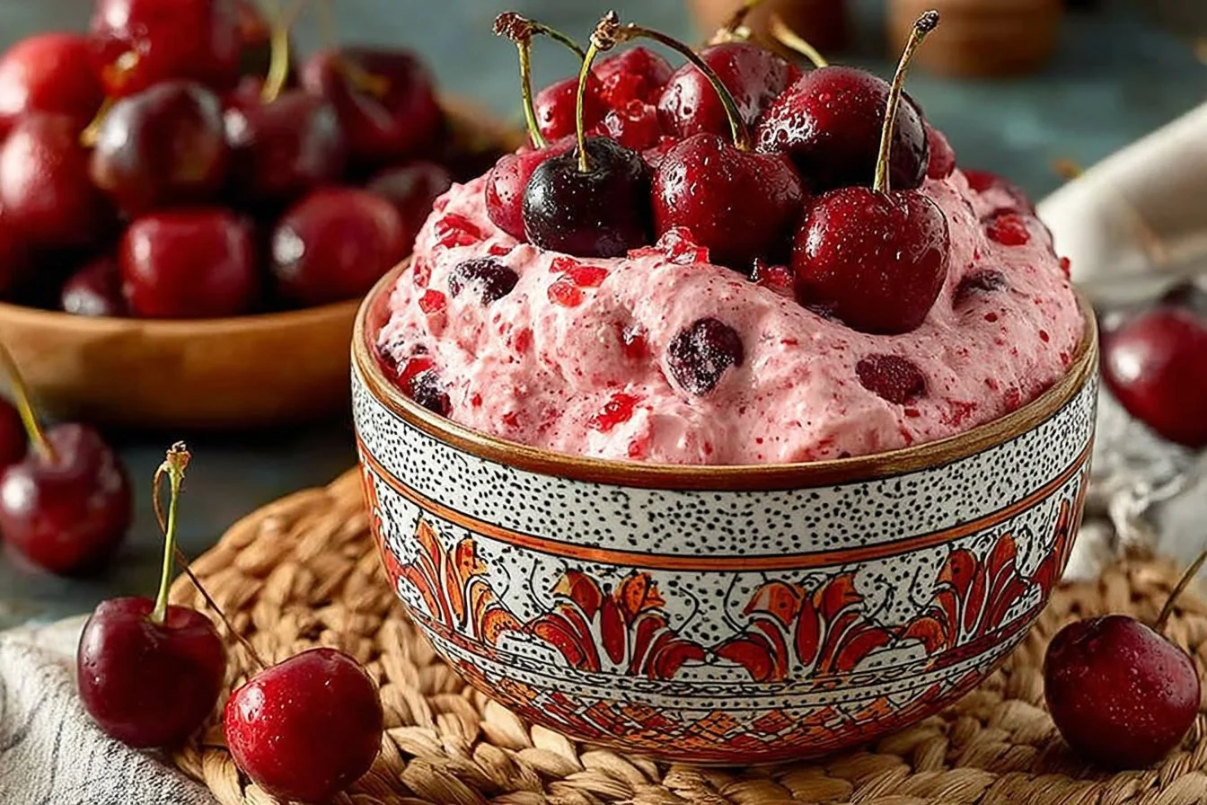 Delicious Cherry Cheesecake Fluff with cherries and creamy cheesecake filling