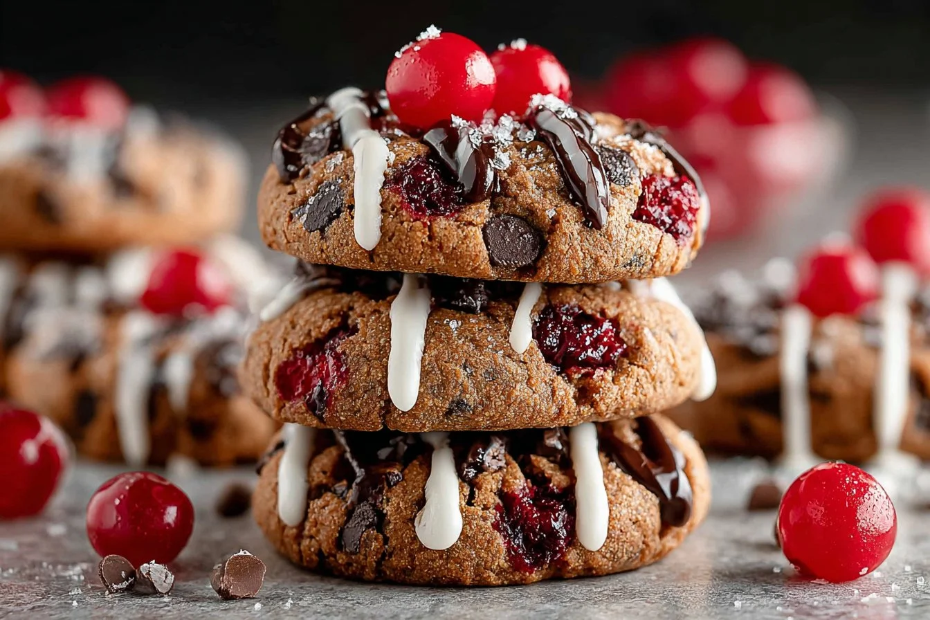 Freshly baked Cherry Chocolate Chip Cookies cooling on a wire rack