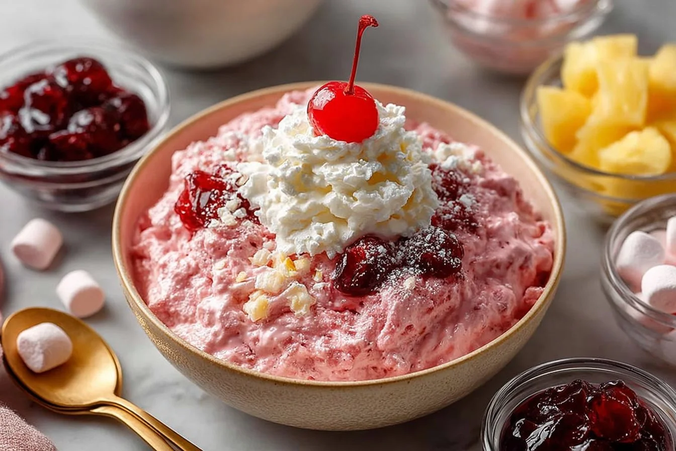 Creamy Cherry Fluff Salad with cherries and marshmallows in a bowl