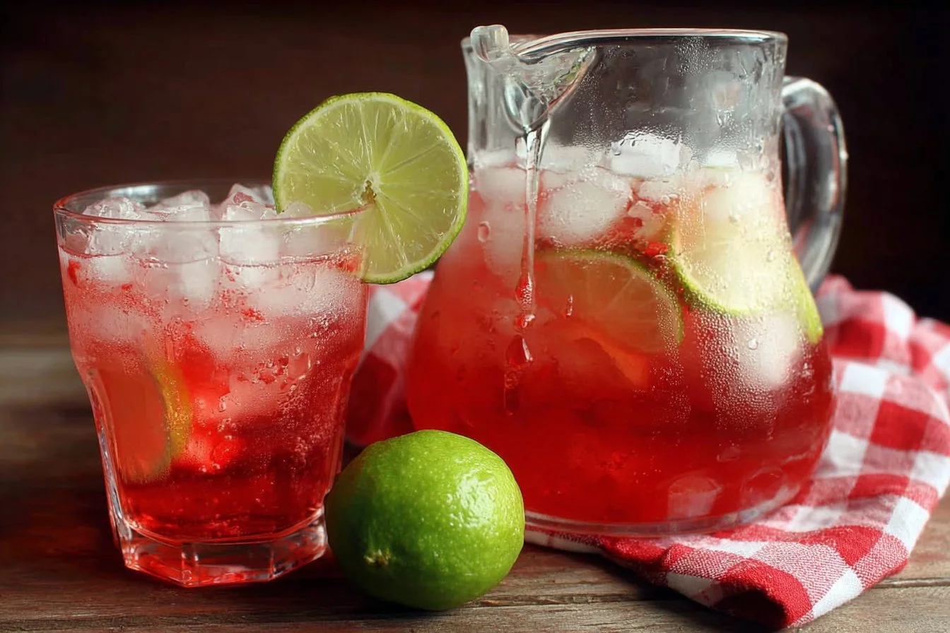 Delicious Cherry Limeade drink served in a glass with ice and lime slices.