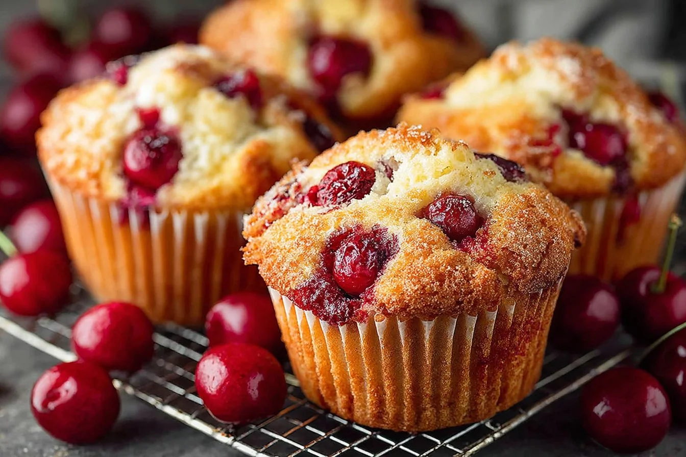 Freshly baked cherry muffins with cherries on a rustic wooden table