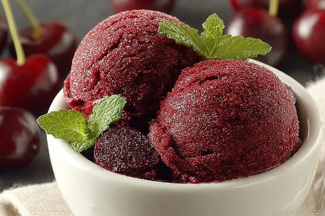 A bowl of homemade cherry sorbet with fresh cherries on top