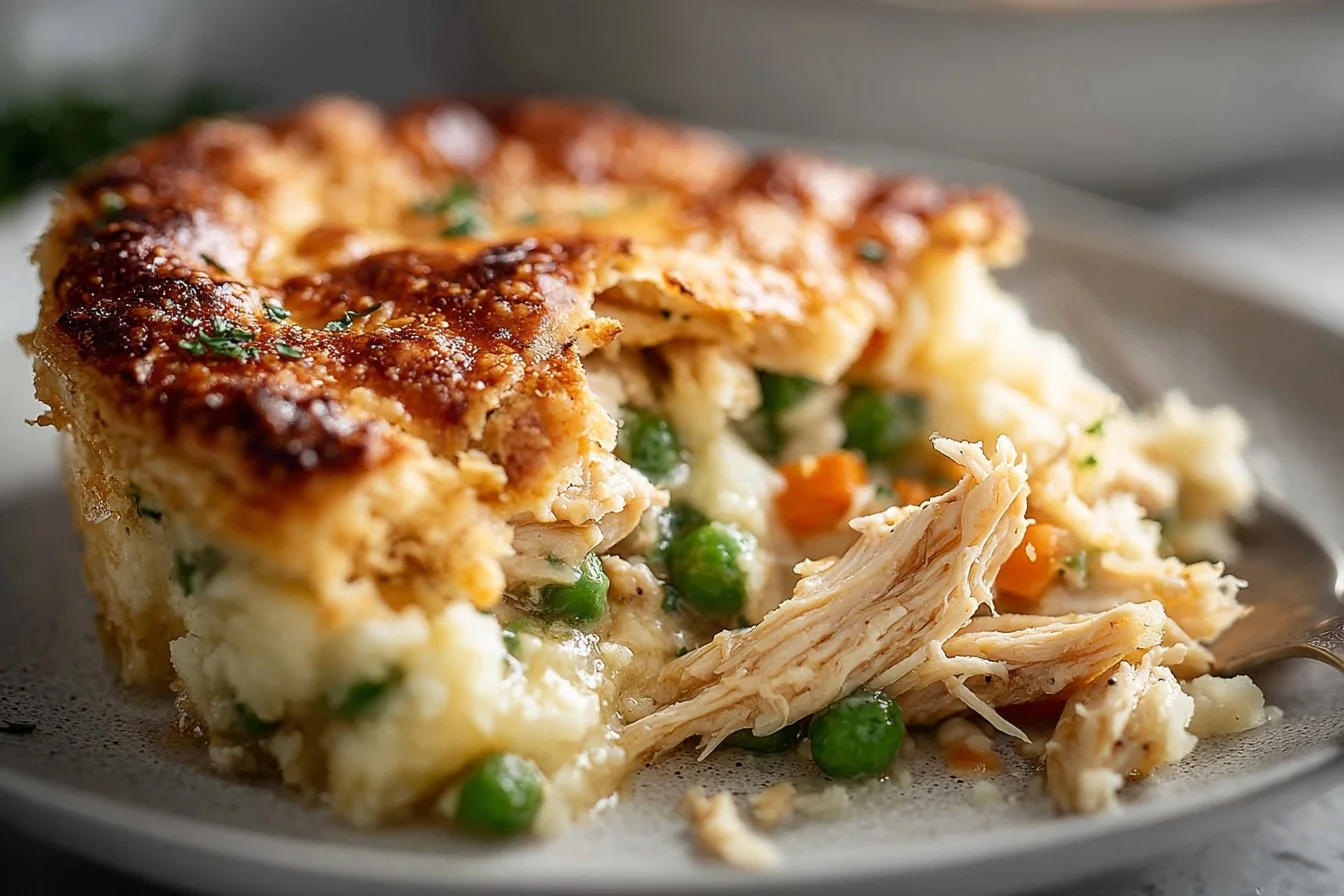 Delicious Chicken Biscuit Casserole topped with fluffy biscuits