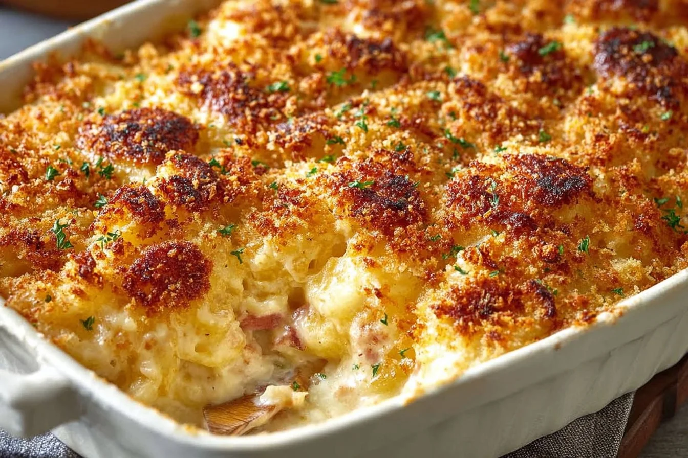 Delicious Chicken Cordon Bleu casserole topped with cheese and breadcrumbs