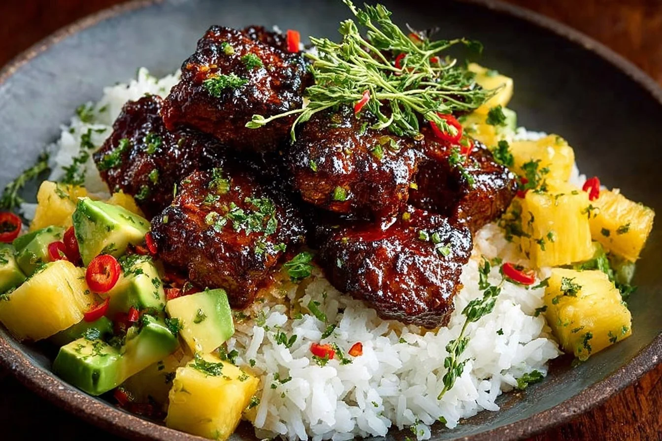 Plate of chicken topped with pineapple salsa and served with coconut rice