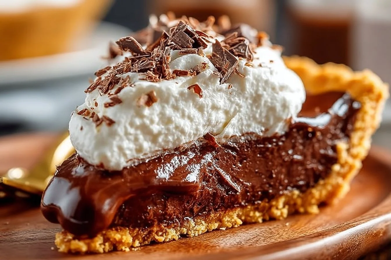 Delicious slice of Chocolate Cream Pie topped with whipped cream and chocolate shavings