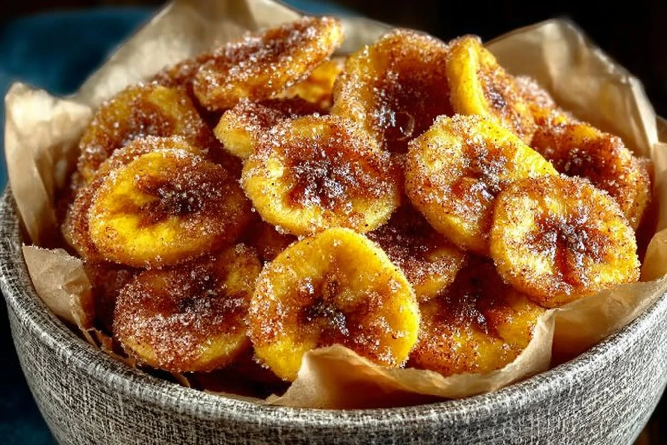 Delicious cinnamon-sugar air fryer banana chips on a plate