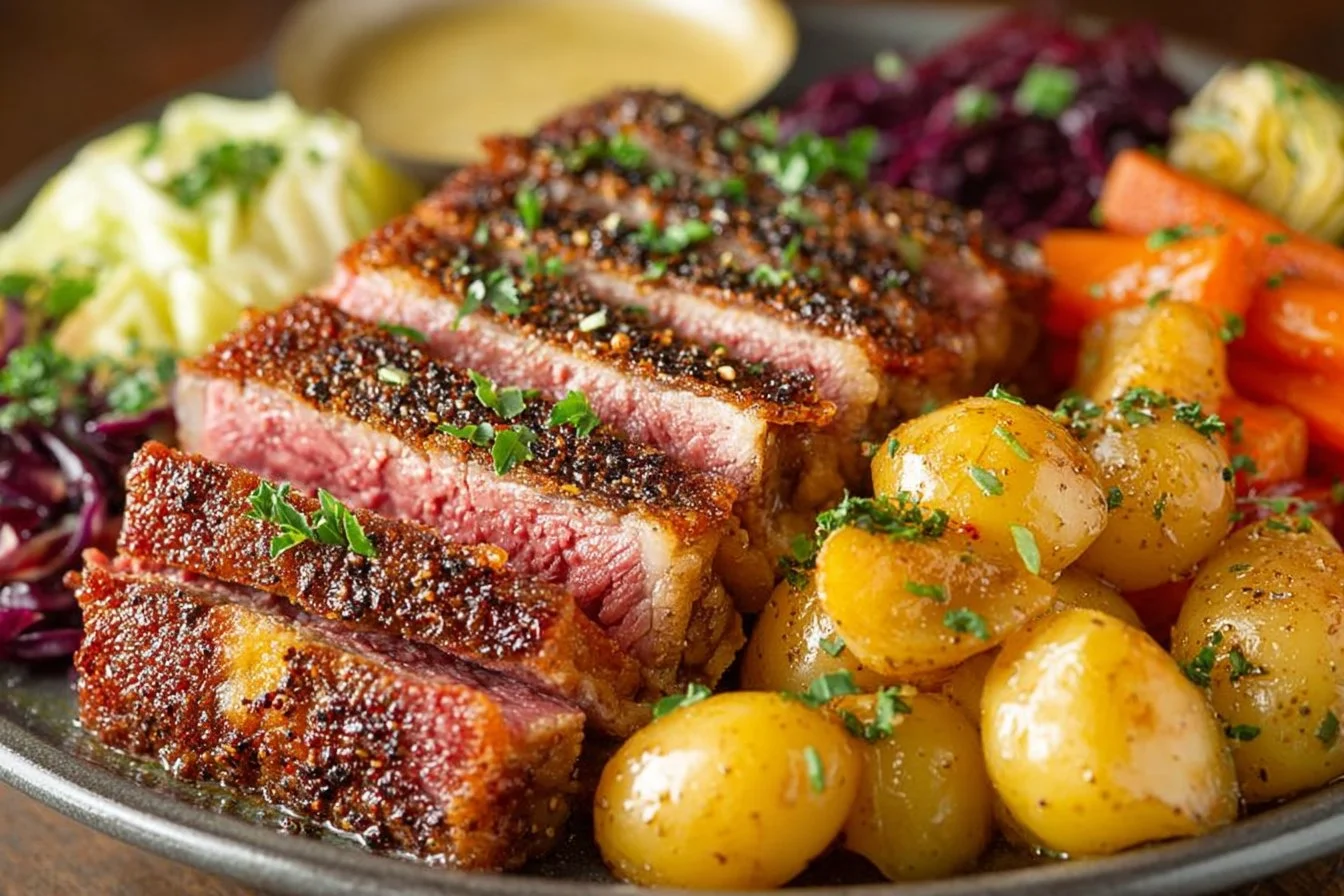 Deliciously prepared corned beef and cabbage served on a plate.