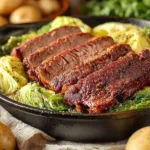 Deliciously prepared Corned Beef and Cabbage served on a plate