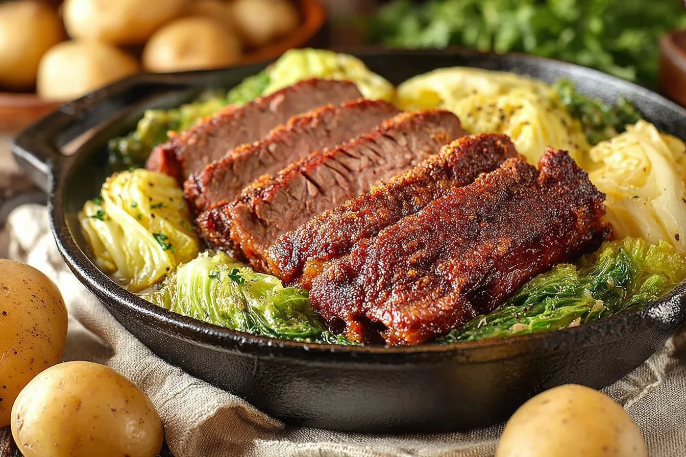 Deliciously prepared Corned Beef and Cabbage served on a plate