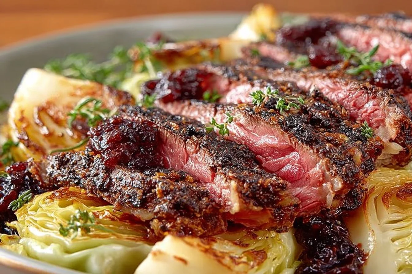 Delicious corned beef and cabbage served with balsamic reduction sauce.