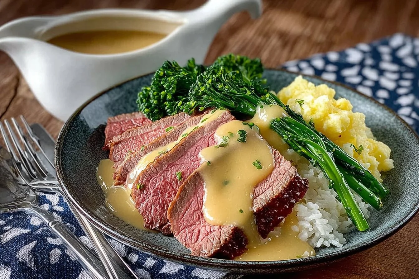 Plate of corned beef drizzled with mustard sauce on a white dish