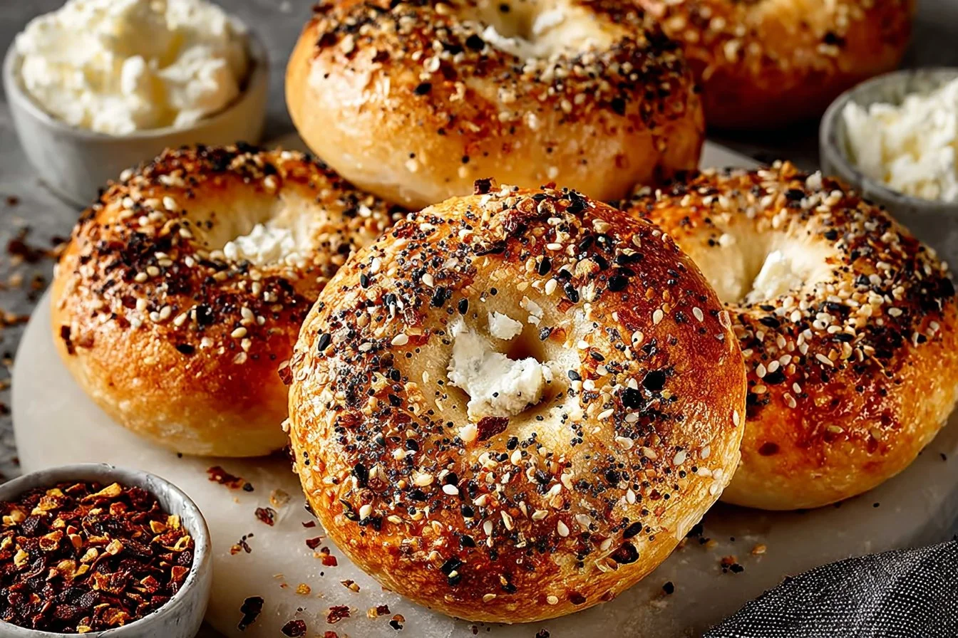 Freshly baked cottage cheese bagels topped with seeds