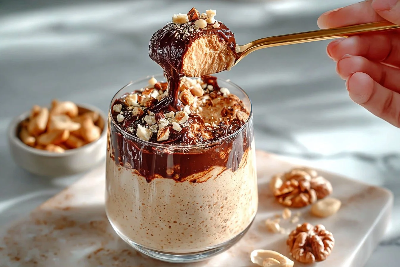 Delicious Cottage Cheese Peanut Butter Mousse dessert in a bowl.