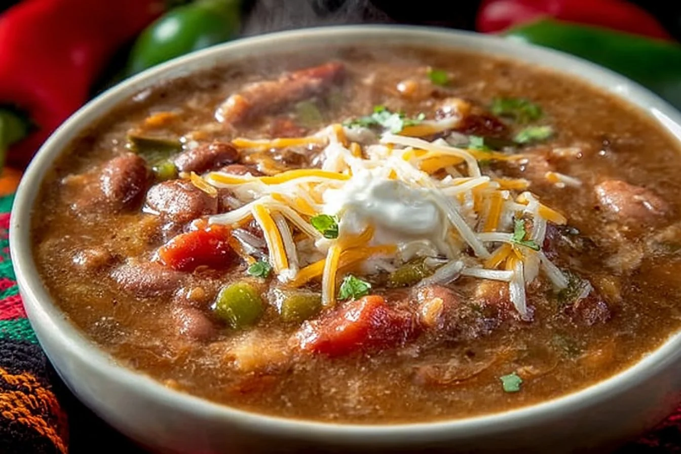 Delicious Cowboy Pinto Bean Soup cooked in a slow cooker.