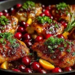 Plate of Cranberry Orange Chicken garnished with fresh herbs and citrus.