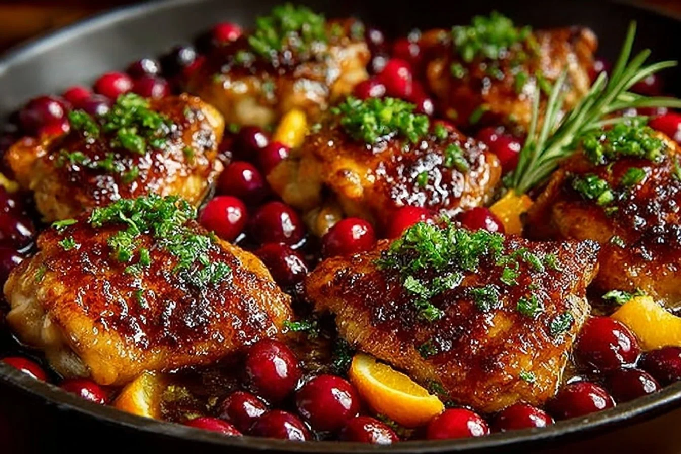 Plate of Cranberry Orange Chicken garnished with fresh herbs and citrus.