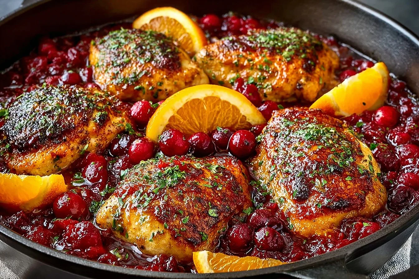 Cranberry Orange Chicken Breasts served on a plate with garnishes