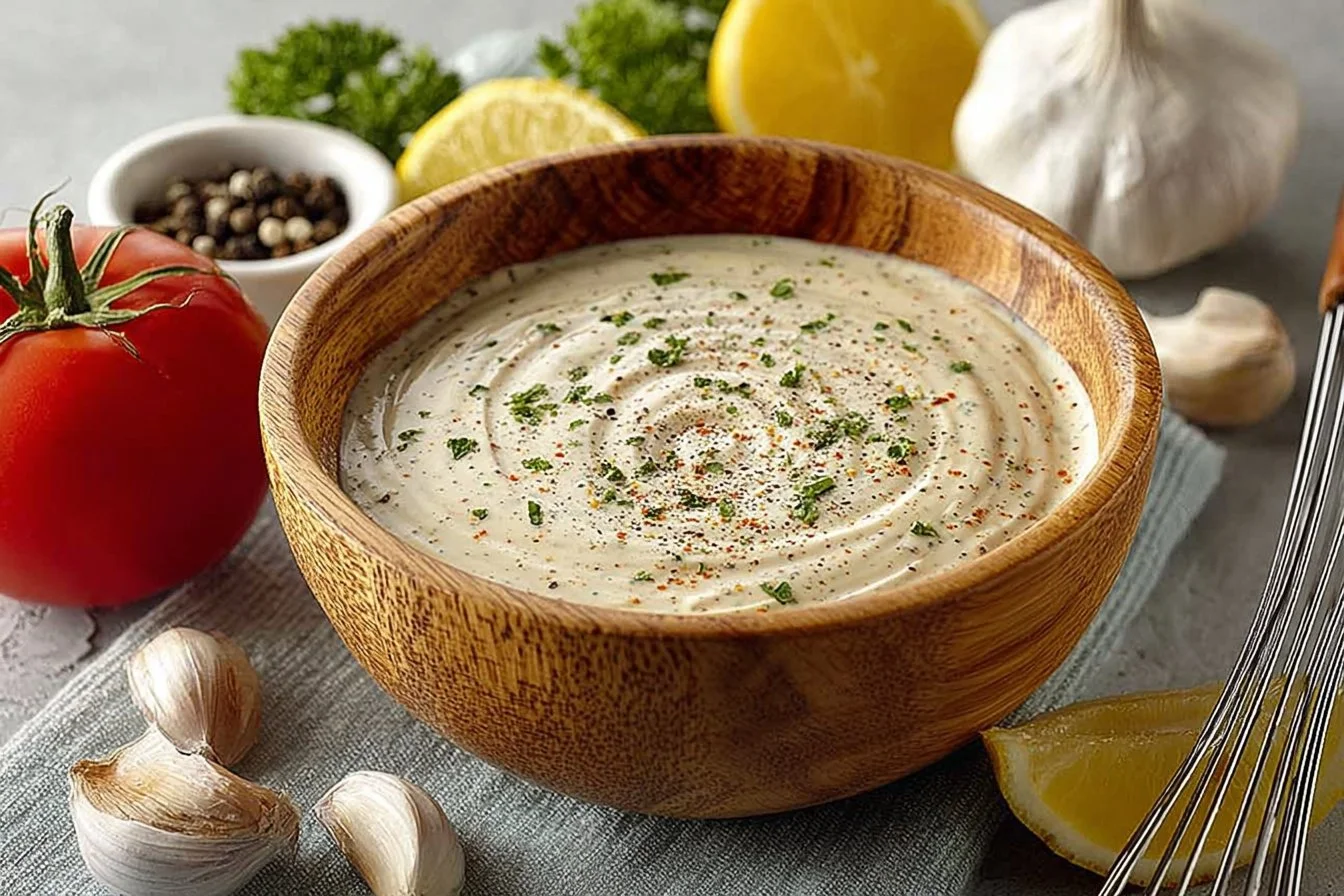 Bowl of creamy garlic aioli served with fresh vegetables and bread.