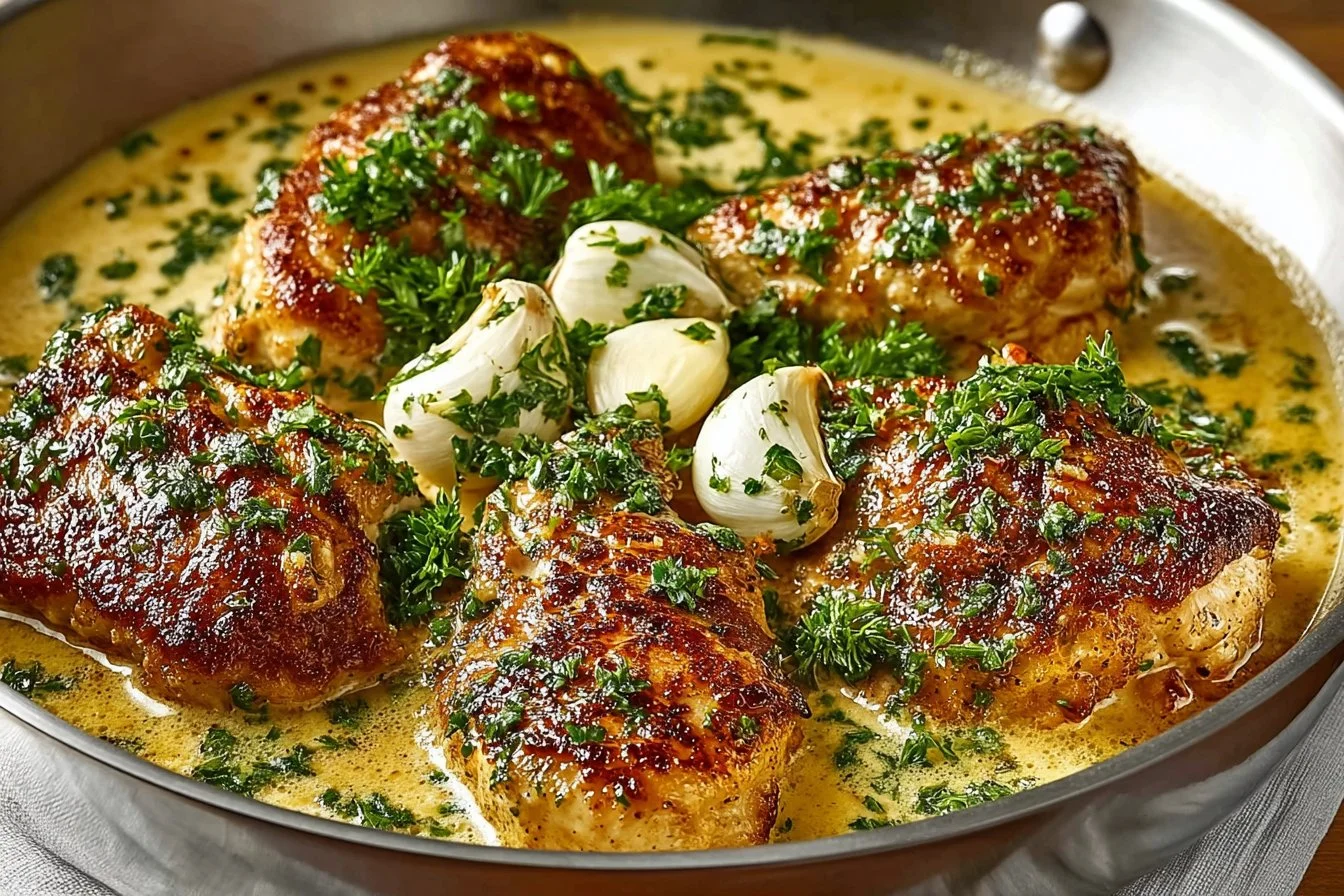 Delicious creamy garlic chicken dish served on a plate with herbs.