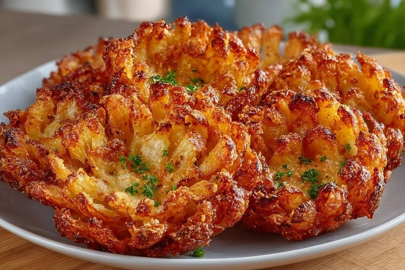 Crispy air fryer blooming onion with a golden brown exterior and dipping sauce
