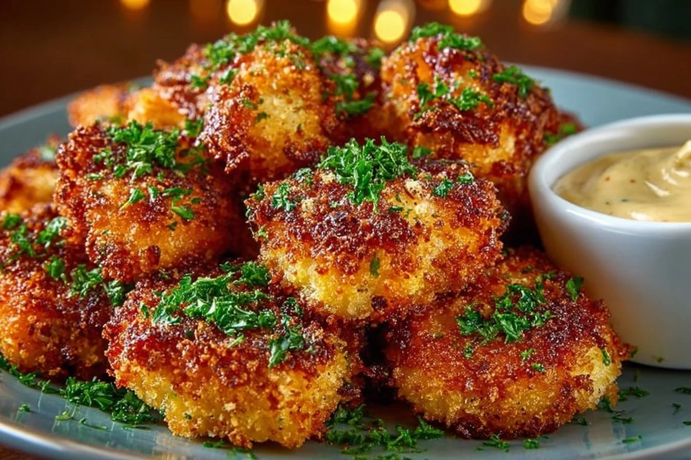 Plate of crispy air fryer chicken bites garnished with herbs