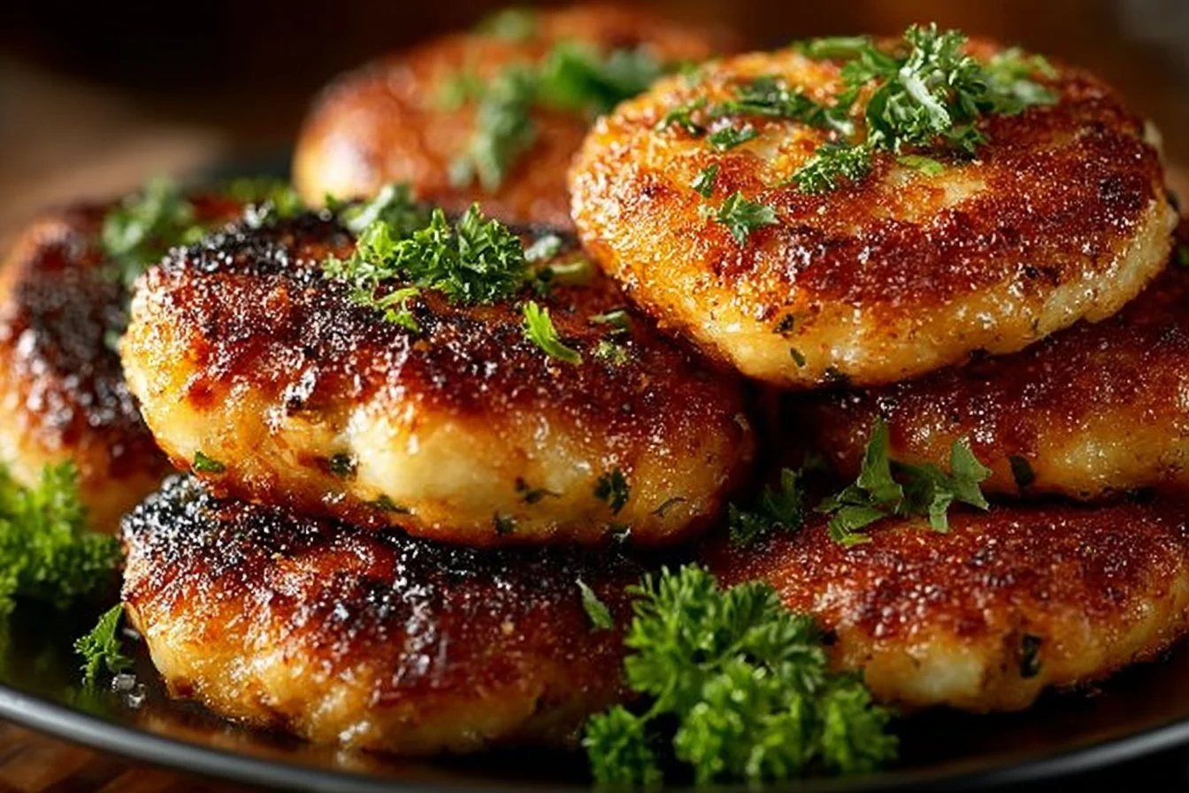 Crispy air fryer chicken rissoles served on a plate with dipping sauce