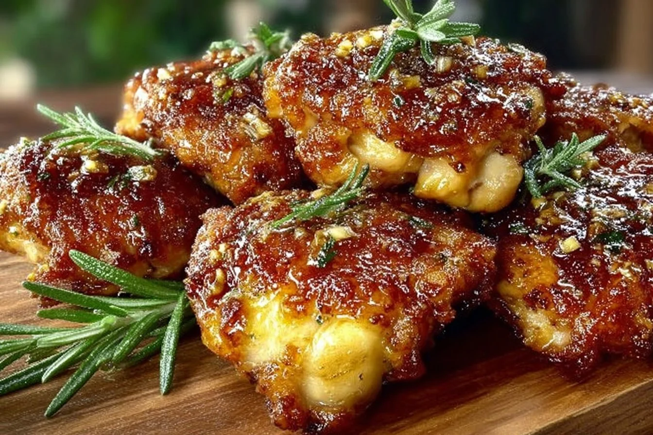 Crispy air fryer chicken thighs with garlic butter sauce on a plate