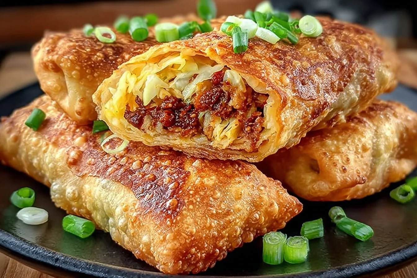 Crispy air fryer egg rolls served with dipping sauce on a plate.