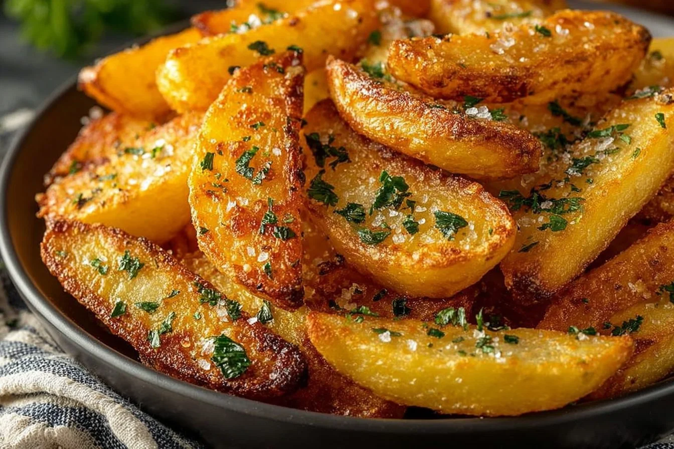 Crispy air fryer French fries served in a bowl with seasoning