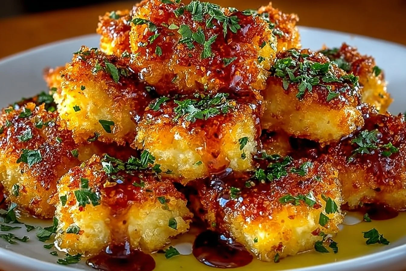Crispy air fryer lemon chicken bites on a plate, garnished with lemon slices.
