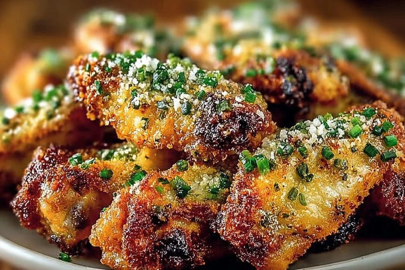 Crispy Air Fryer Parmesan Wings garnished with herbs and ready to serve