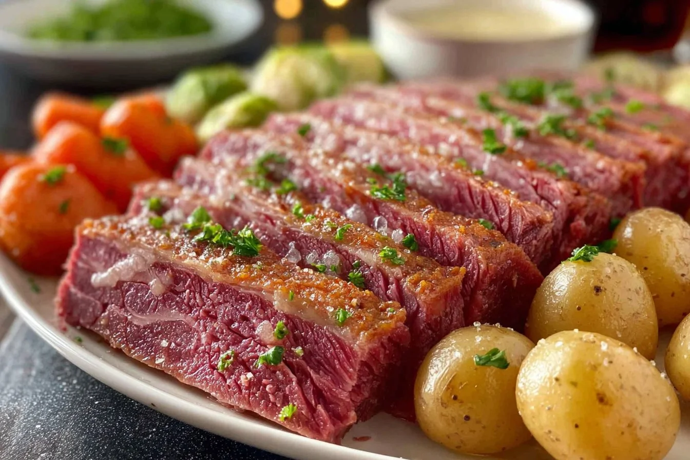 Delicious Crock Pot corned beef and cabbage served on a plate with vegetables