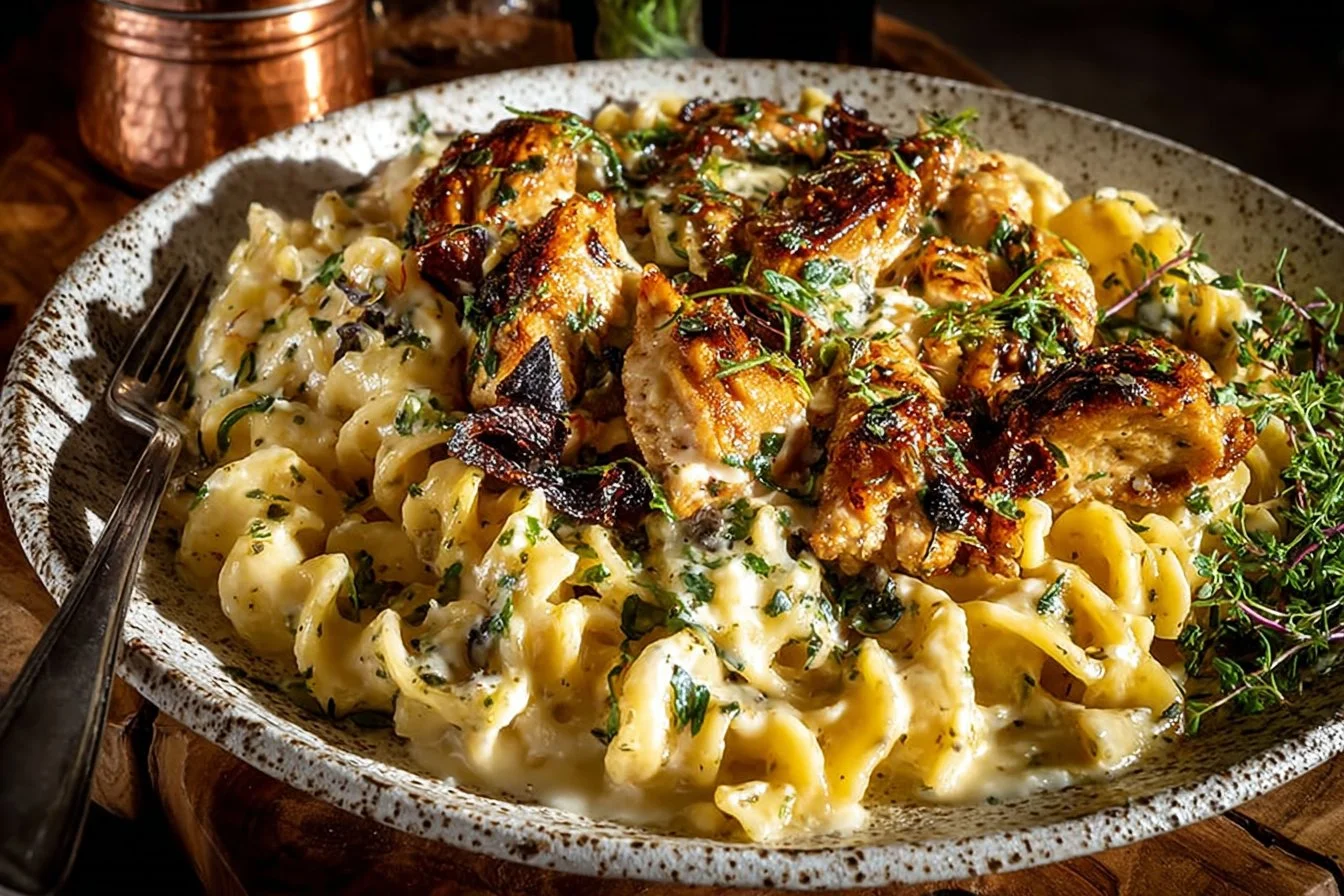 Crockpot Creamy French Onion Chicken served with orzo pasta.