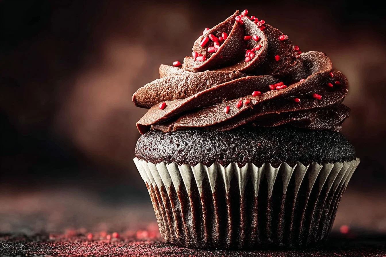 Delicious dark chocolate raspberry cupcakes topped with fresh raspberries