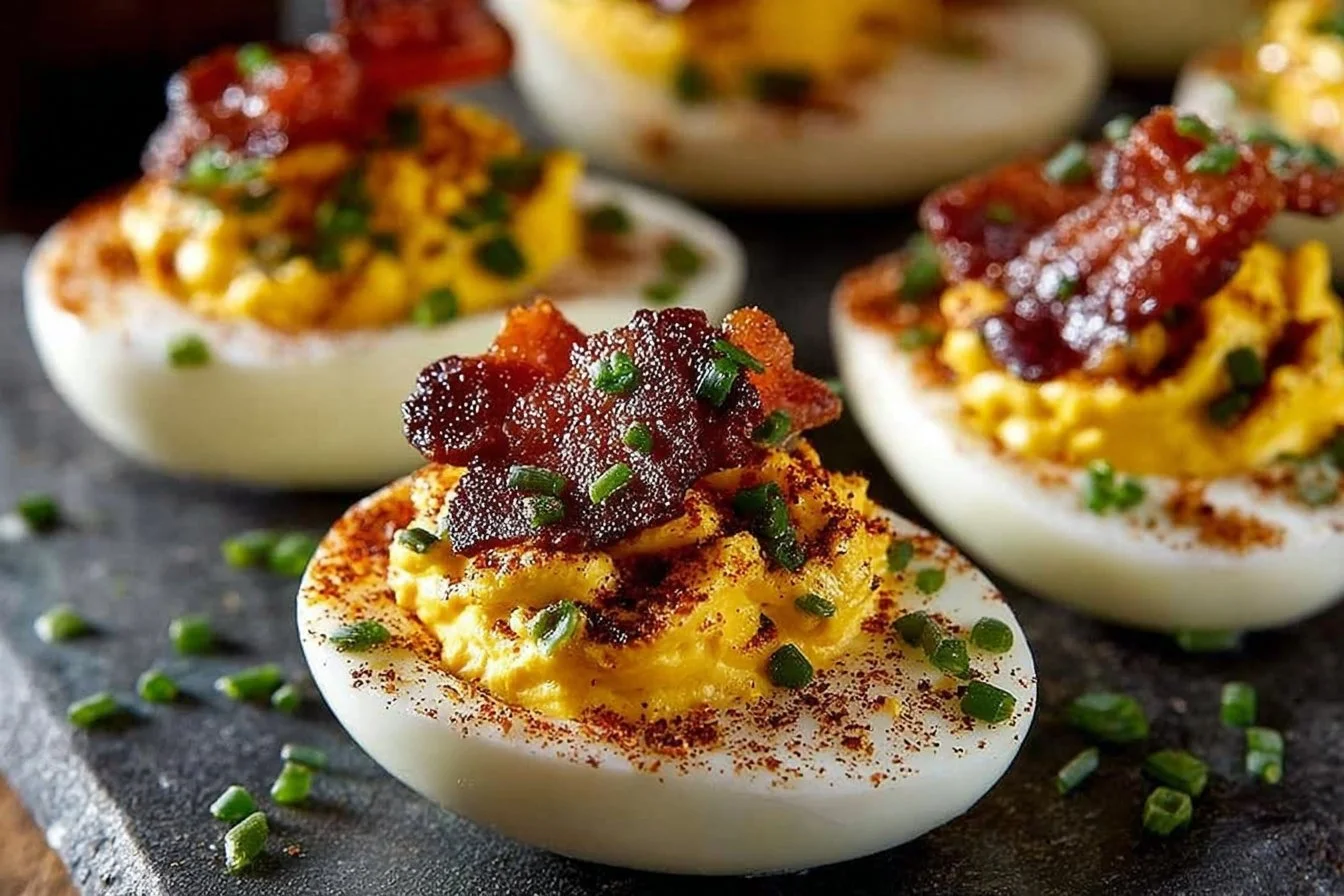Dijon Bacon Deviled Eggs garnished with crispy bacon bits and fresh herbs