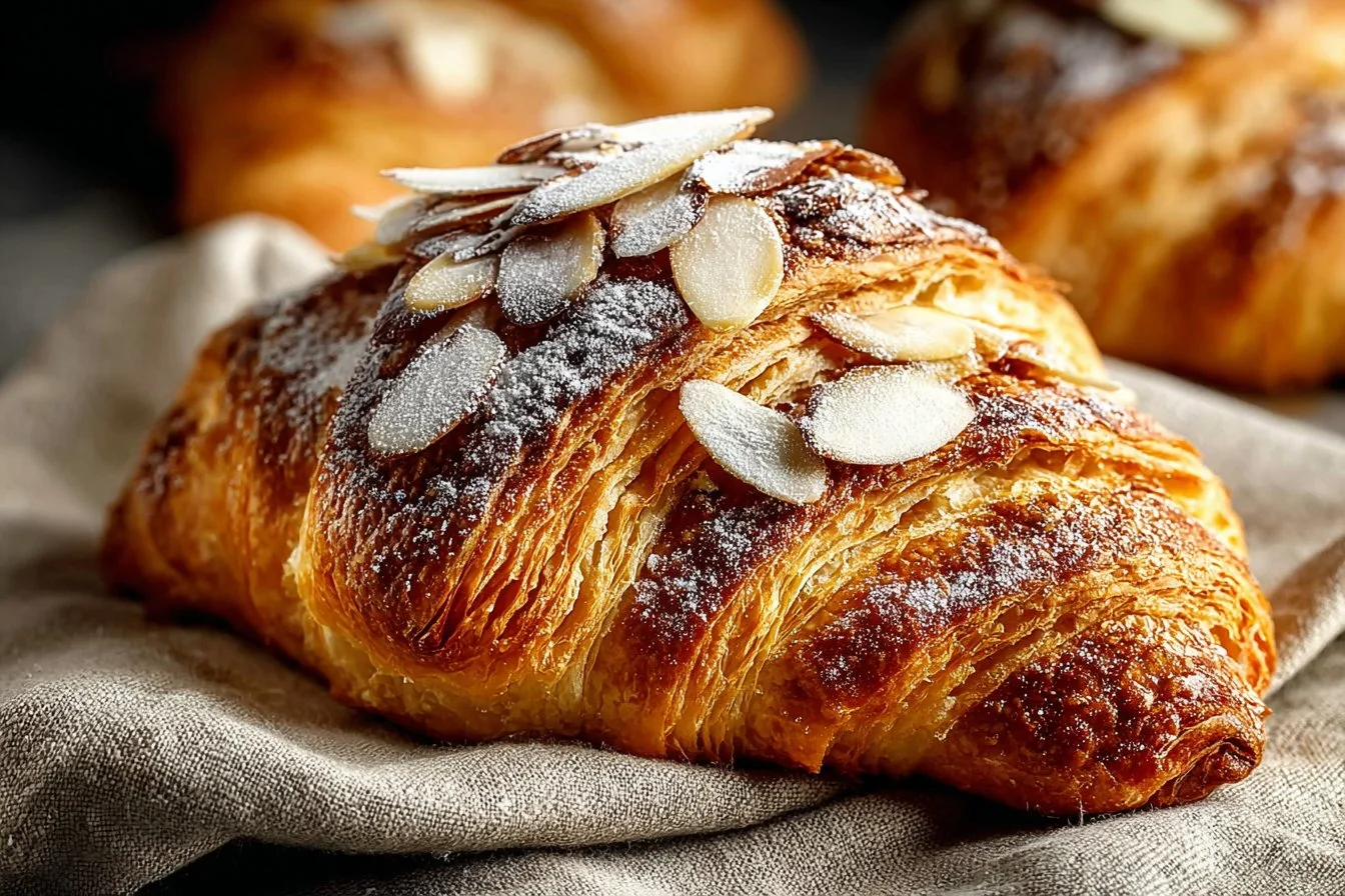 Freshly baked easy almond croissants on a wooden serving board