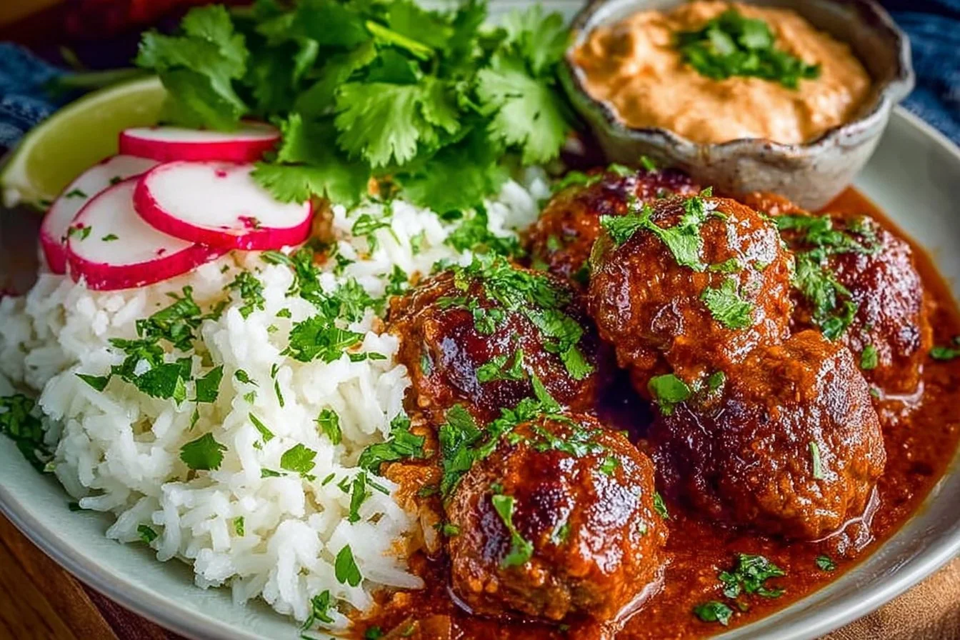 Easy baked Mexican meatballs on a serving platter garnished with cilantro.