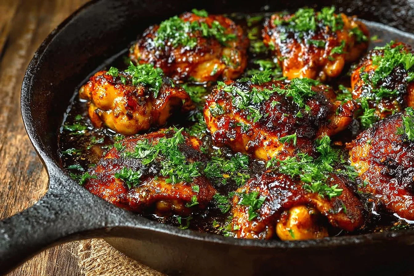 Plate of easy balsamic chicken garnished with herbs and served with vegetables