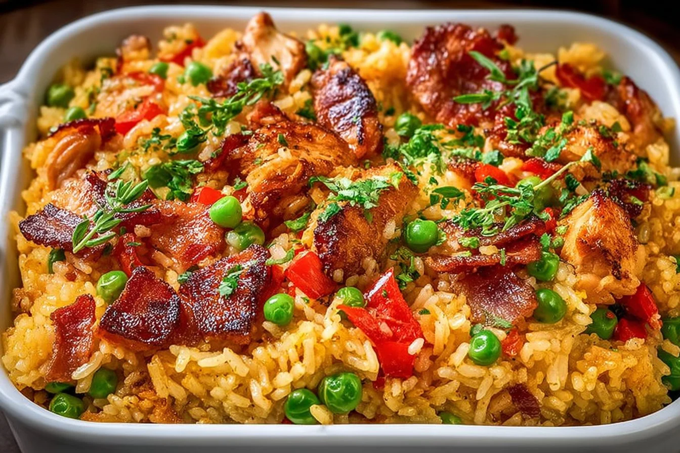 Plate of Easy Cajun Chicken and Rice garnished with herbs.