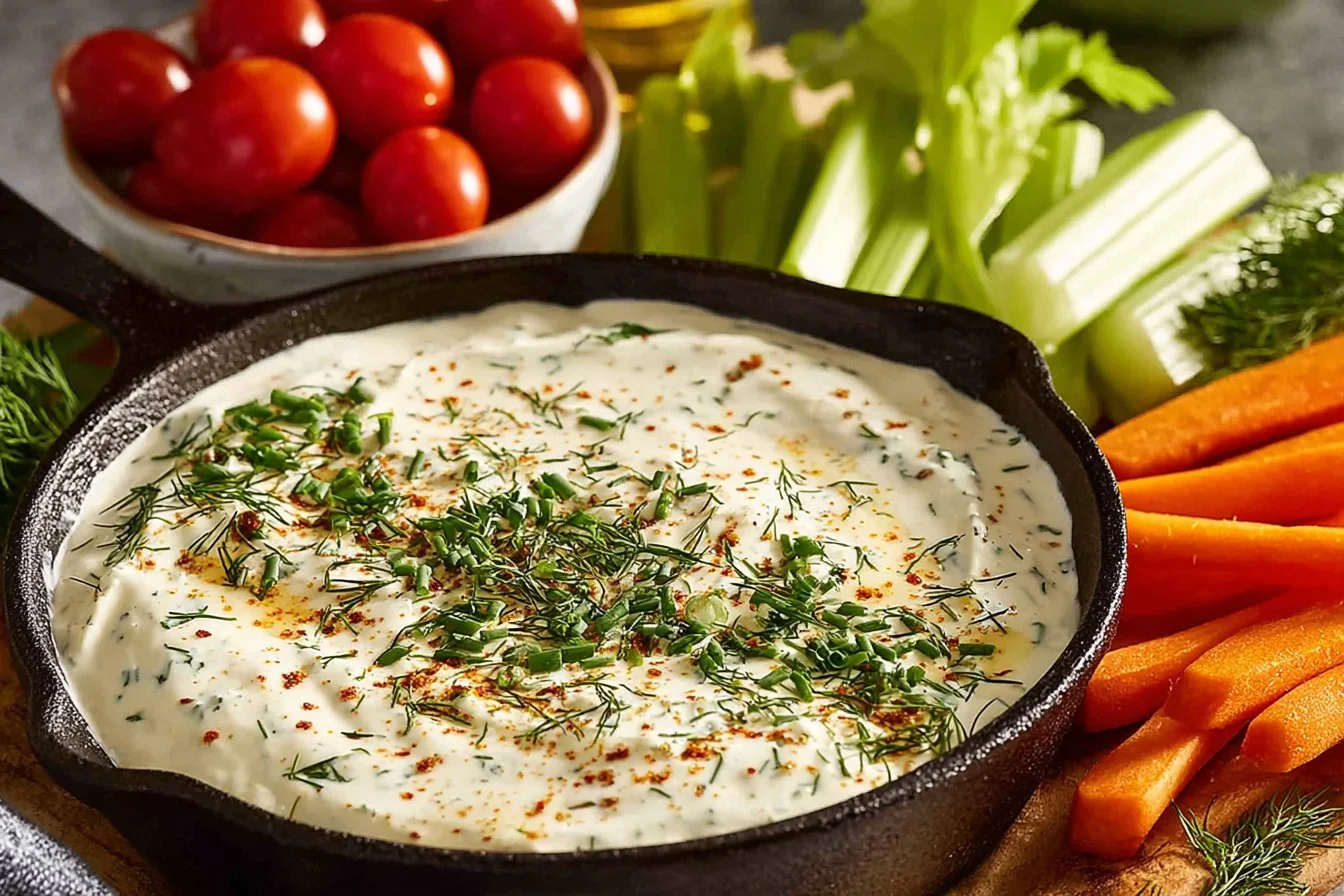 High protein cottage cheese ranch dip served in a bowl with fresh veggies
