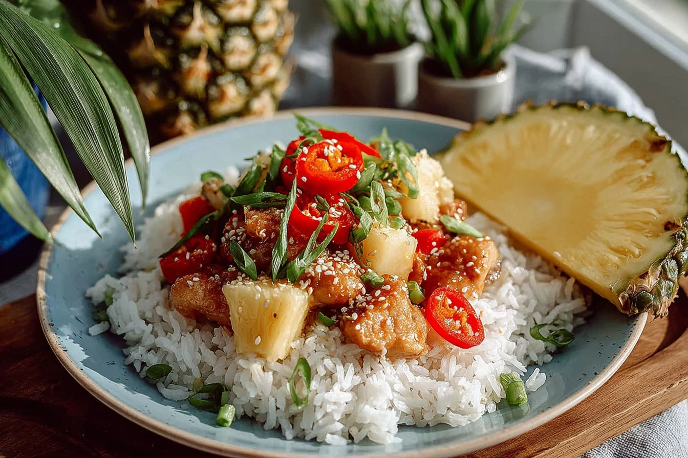 Easy Pineapple Chicken and Rice Skillet in a skillet dish