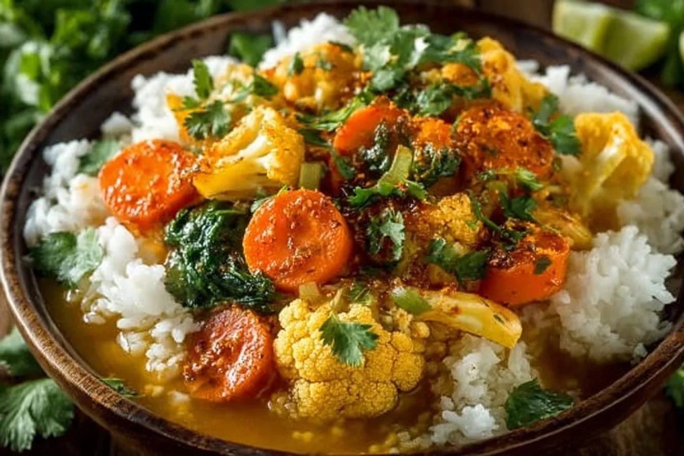 Bowl of easy vegetable curry with colorful vegetables and fragrant spices