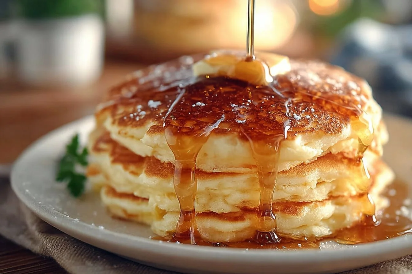 Fluffy blended cottage cheese pancakes served on a plate with syrup