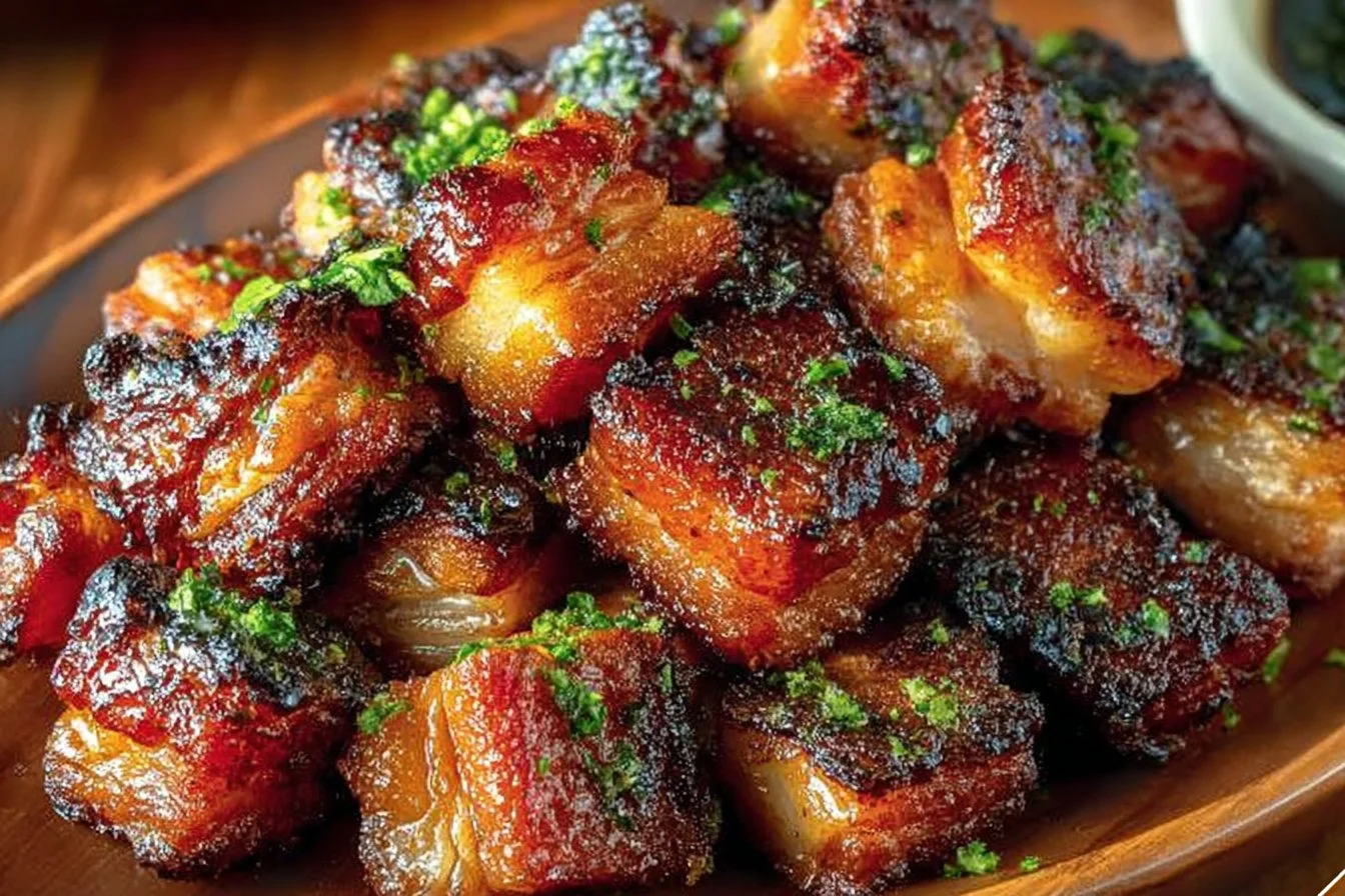 Crispy Fried Pork Belly Bites served on a plate with dipping sauce