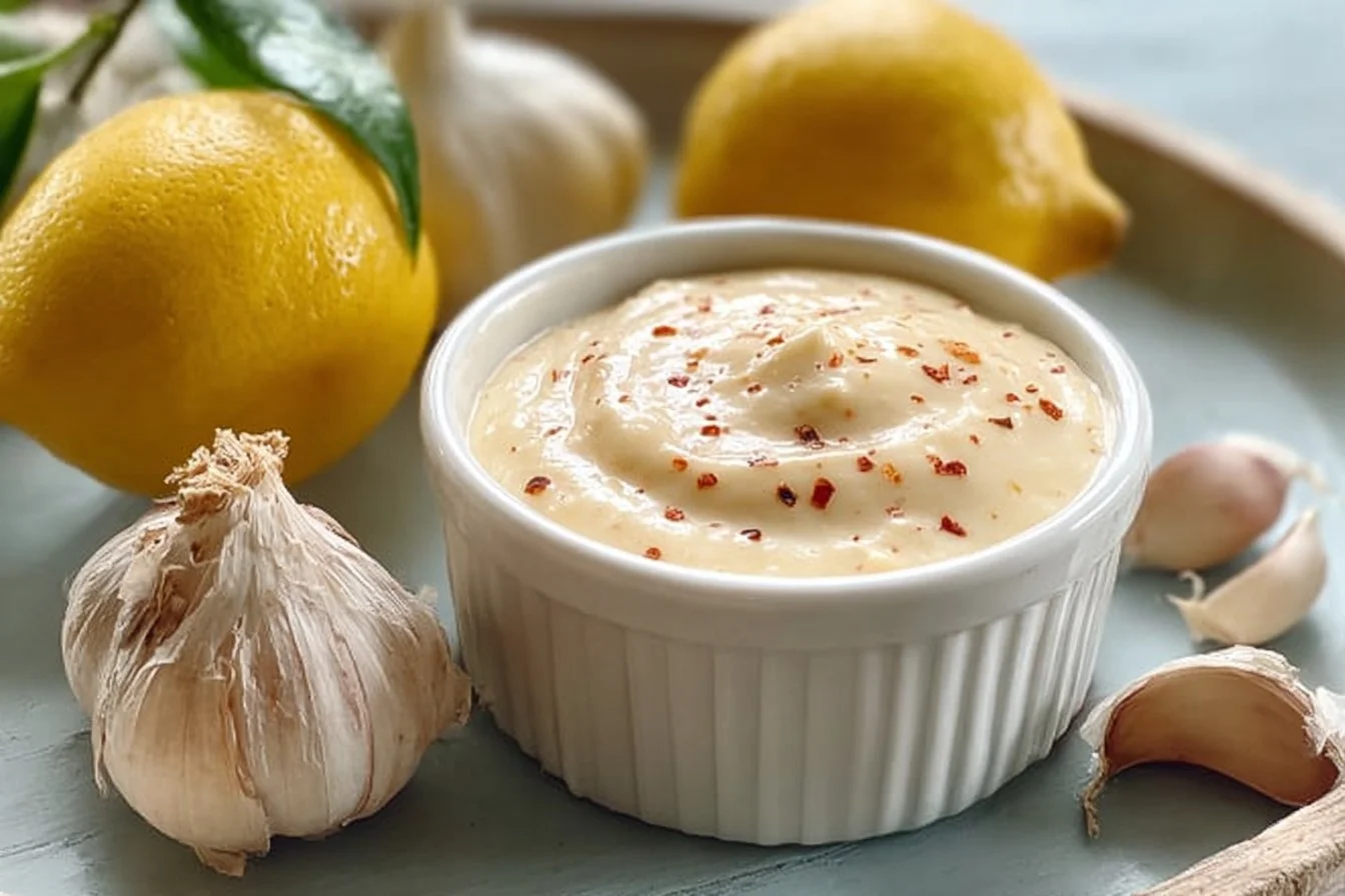 Homemade Garlic Aioli served with fresh vegetables and crispy fries