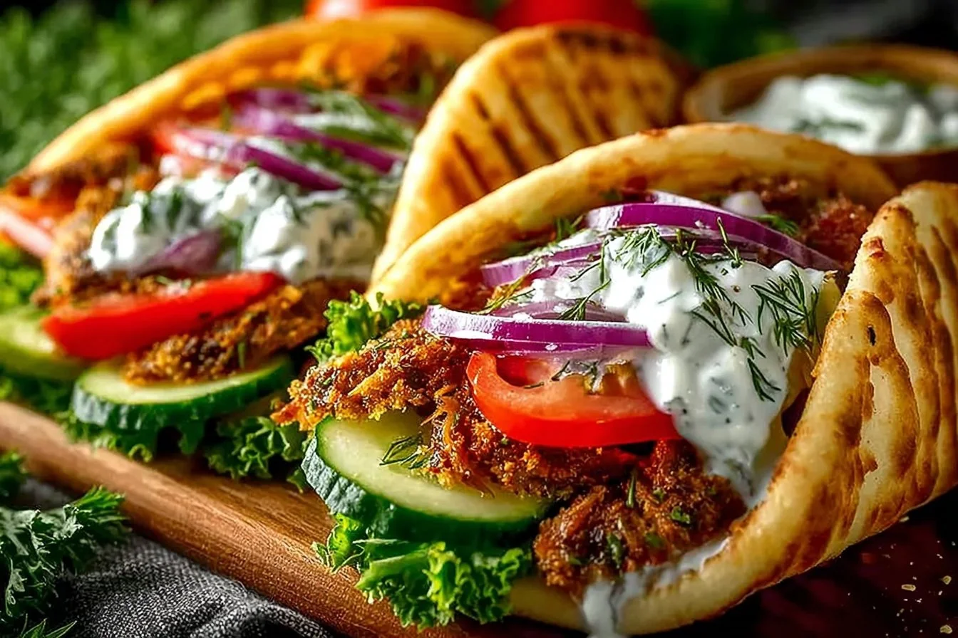 Delicious Greek gyro made with homemade gyro meat served with fresh toppings.