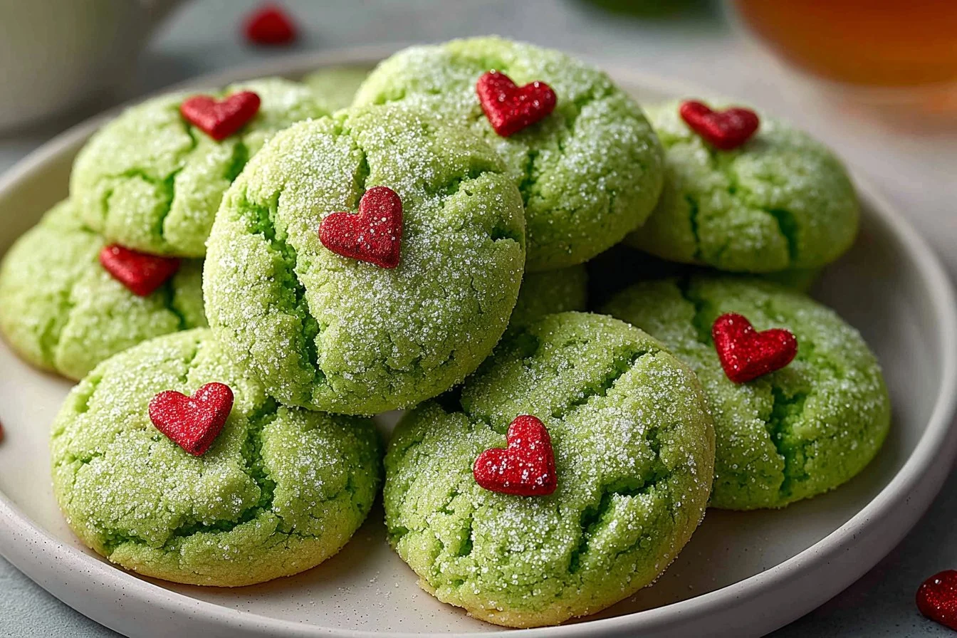 Plate of colorful Grinch Sugar Cookies decorated for the holidays